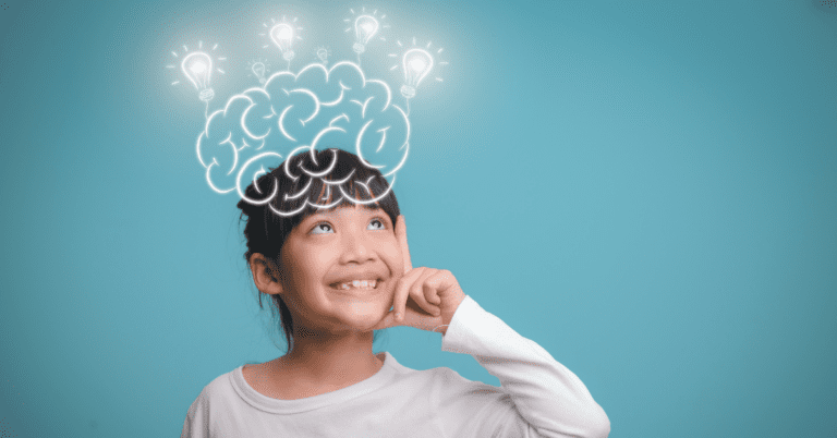 A child with a brain and lightbulbs on top of their head