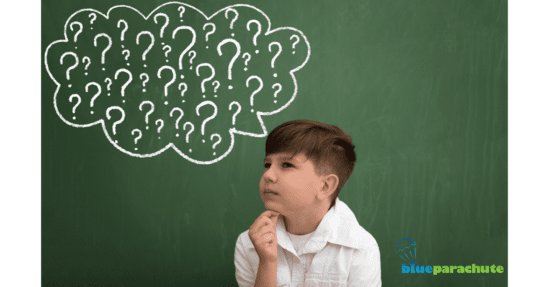 A young brown-haired boy with his fingers on his chin, and a chalkboard before him with multiple question marks is behind him. This indicates he is thinking of questions, and it helps illustrate the subject of this piece, "How do you tach an autistic child to ask questions?"