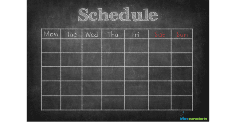 A chalkboard that is a blank slate and says "Schedule" at the top, indicating that this device can be used as a visual schedule by someone on the autism spectrum.